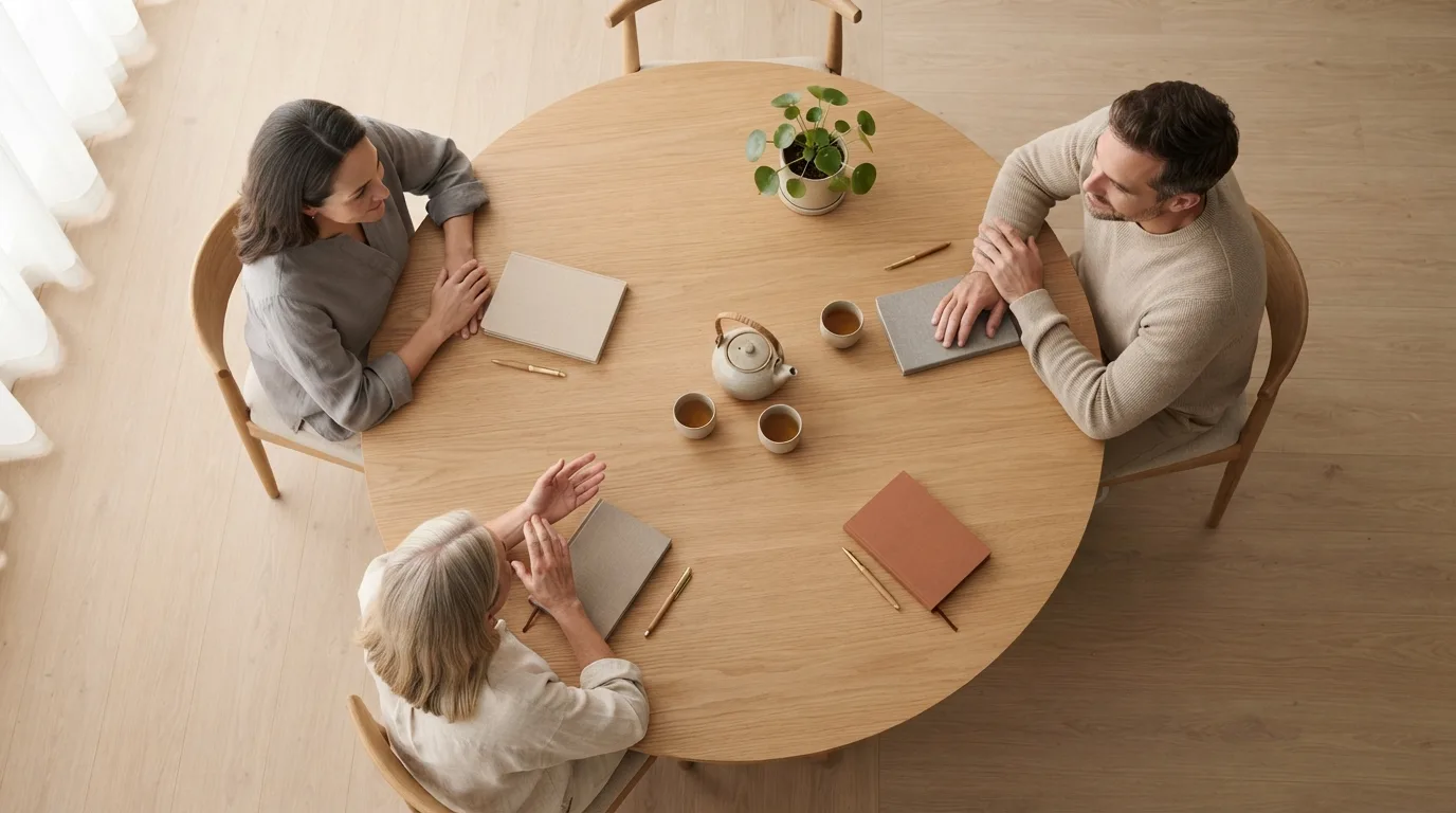Quatro pessoas de gerações diferentes ao redor de uma mesa de reunião com pastas de documentos e um bule de café