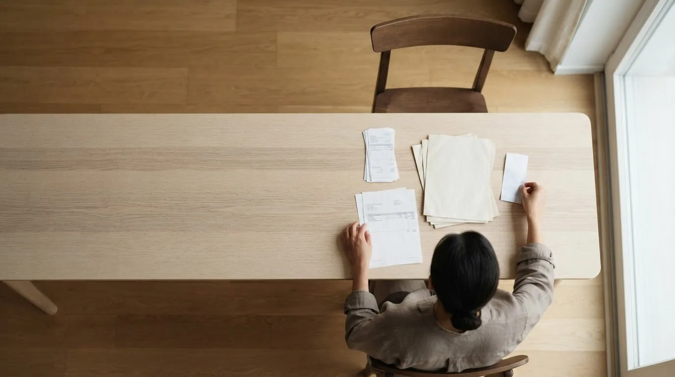 Mesa de trabalho com notebook, extratos bancários impressos e calculadora sob luz natural