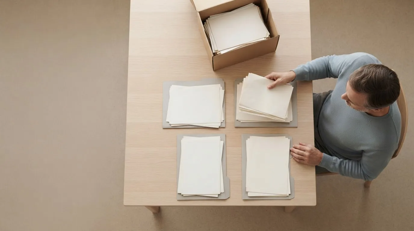 Mesa de trabalho com pastas de documentos, extratos bancários e notebook em ambiente iluminado por luz natural