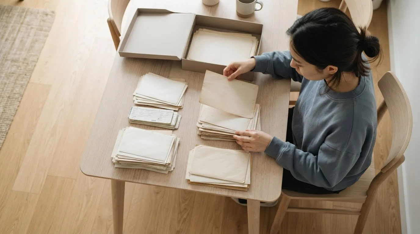 Pessoa organizando passaporte, vistos e um calendário de viagens sobre uma mesa para reconstruir datas de presença nos EUA