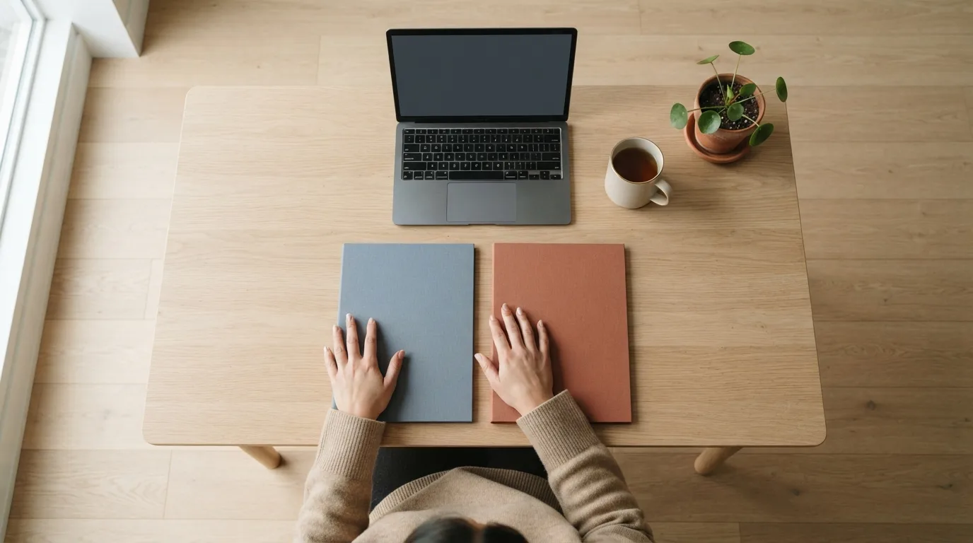 Duas pessoas em videochamada sobre uma mesa com planilhas, calculadora e extratos bancários impressos