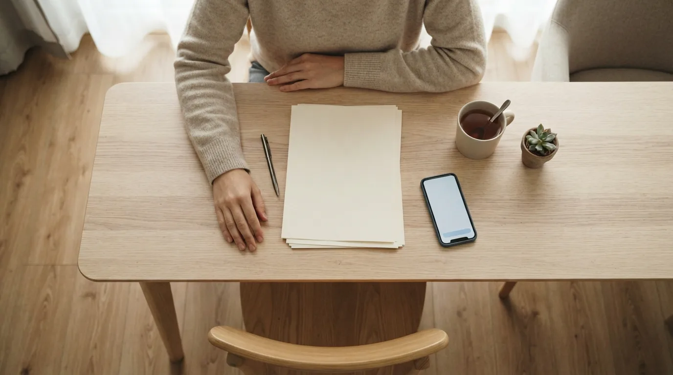 Notebook aberto em um site de banco ao lado de um celular com aplicativo e uma pasta de papéis