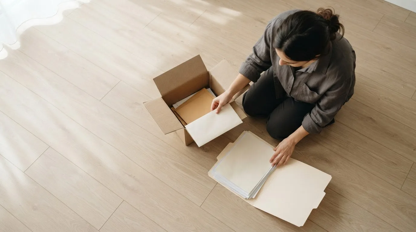 Duas pastas numeradas, um passaporte e um calendário sobre uma mesa de trabalho, sob luz natural