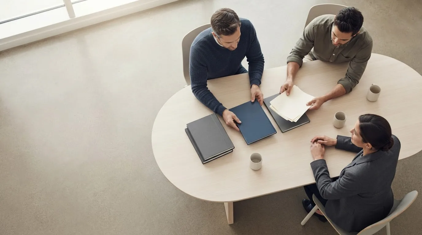 Mesa de reunião com um quadro societário impresso, uma calculadora e canetas coloridas marcando percentuais de participação