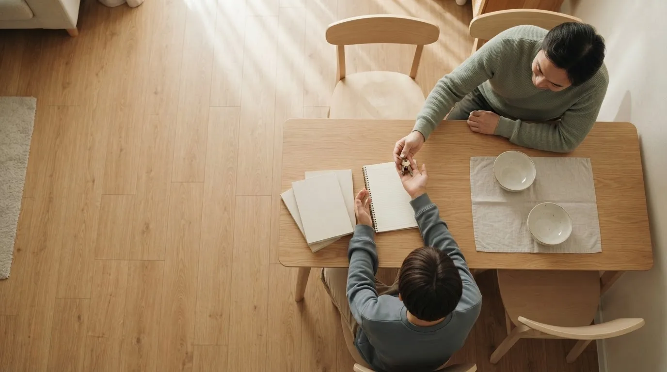 Mesa com passaporte, chave de casa e um laptop aberto sobre uma planilha, em luz natural de fim de tarde
