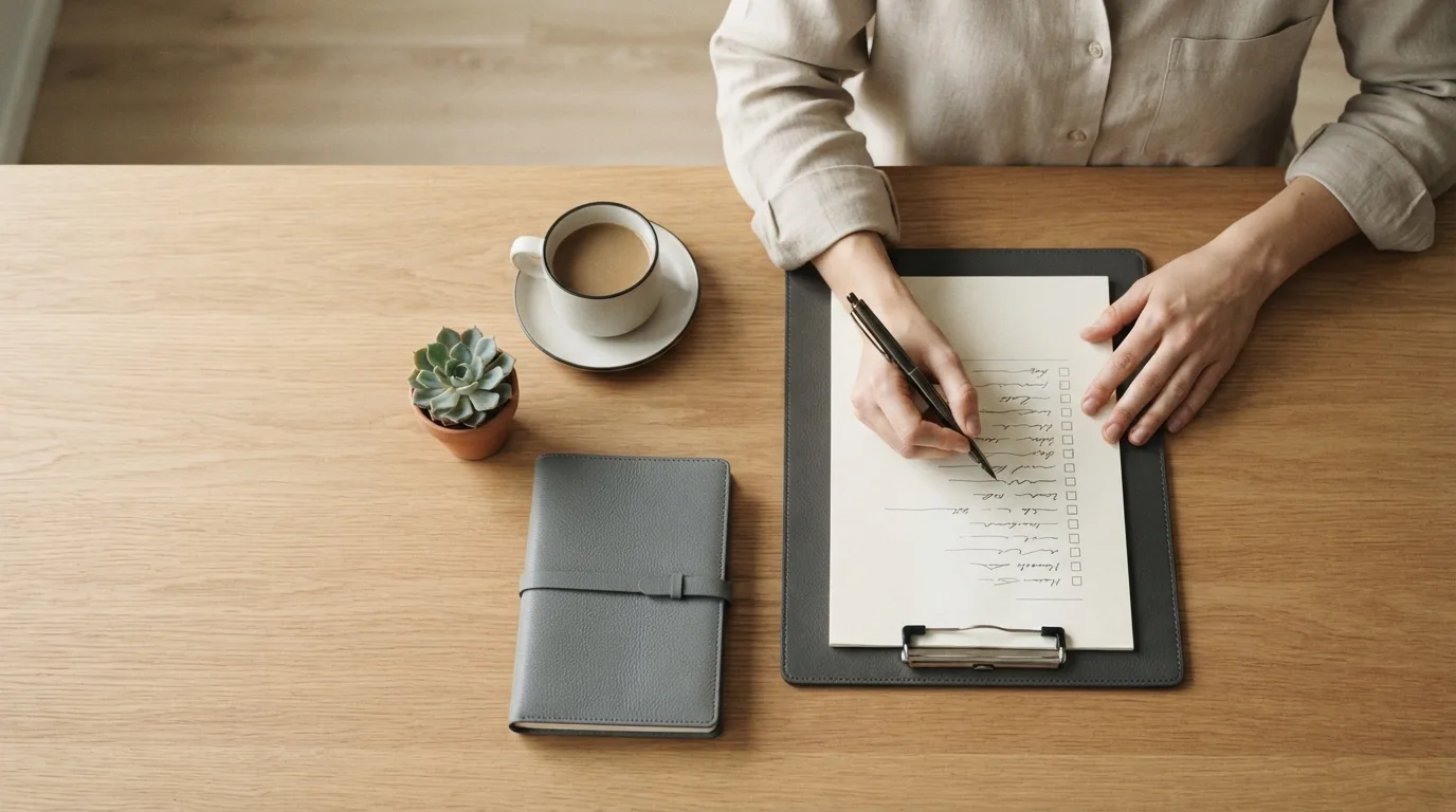 Profissional de escritório preenchendo uma ficha de cadastro de cliente, com uma xícara de café e um notebook ao lado