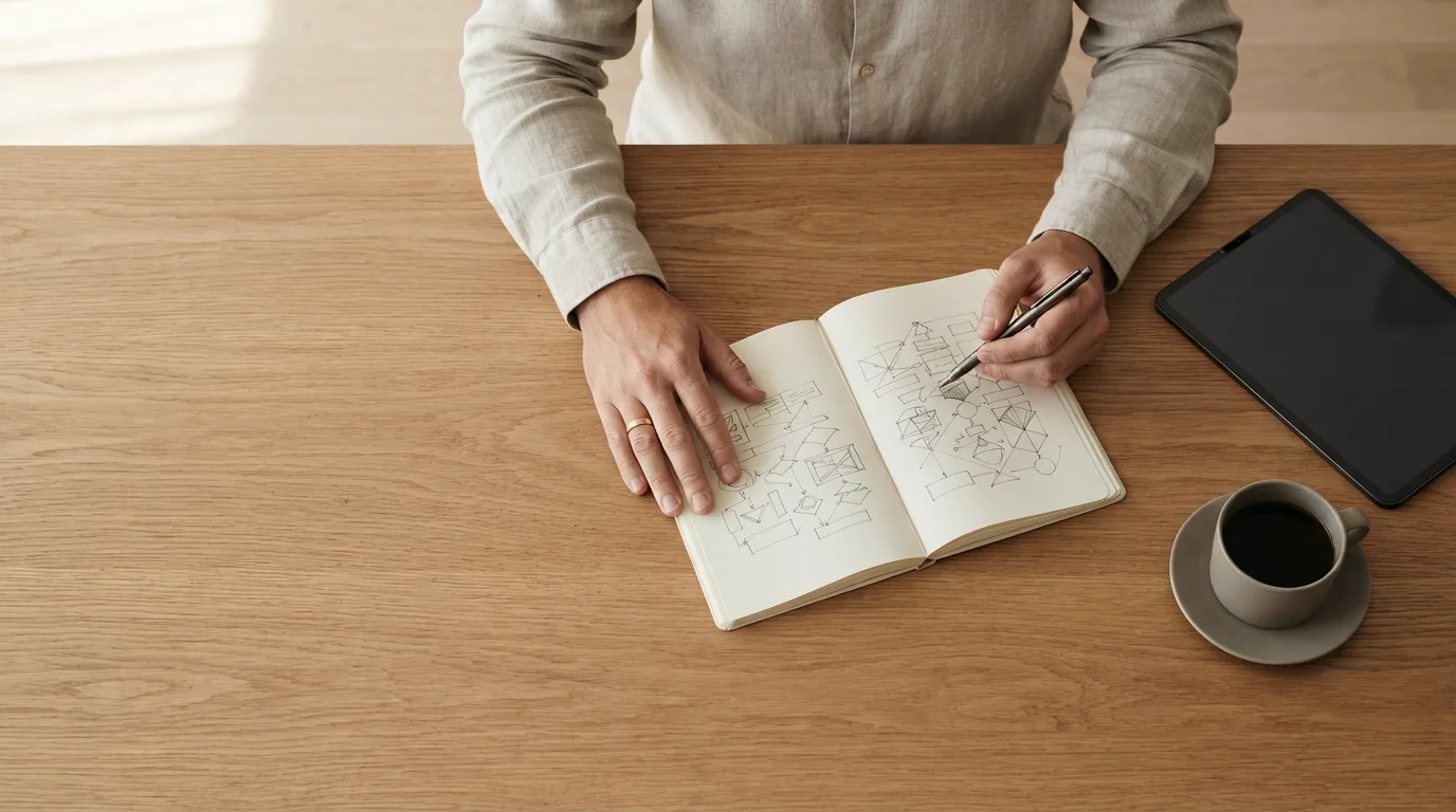 Mesa de trabalho com extratos de investimento impressos, calculadora e uma xícara de café ao lado de um notebook