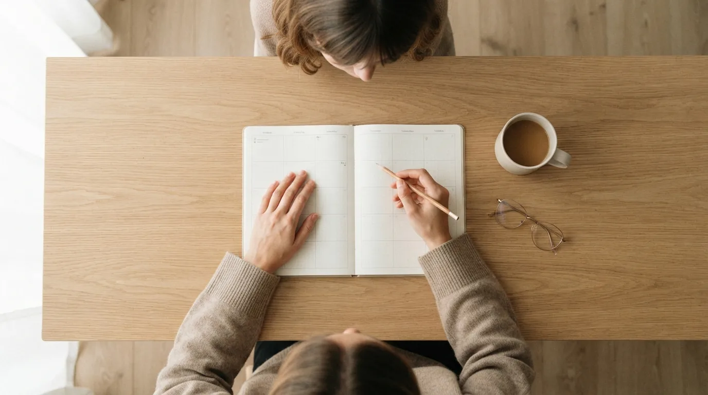 Agenda aberta em janeiro sobre uma mesa de madeira, com óculos, uma caneta e uma xícara de café