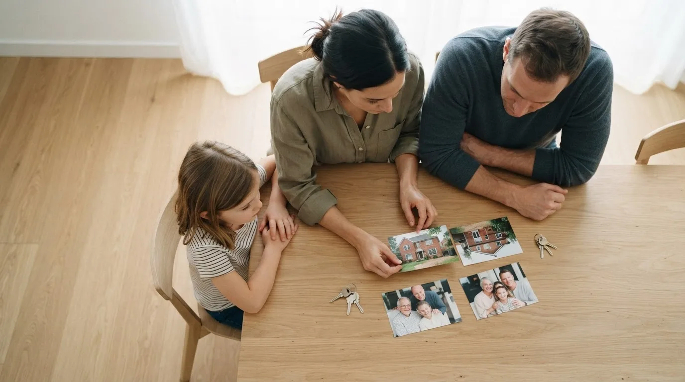 Mãos organizando pastas de documentos e uma lista de bens sobre uma mesa de madeira, com luz natural suave