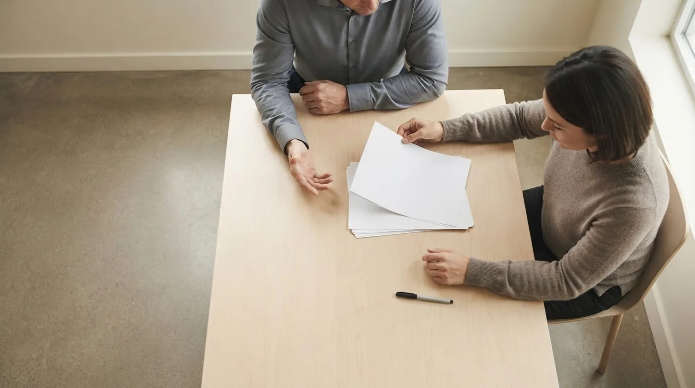 Pessoa lendo um contrato impresso sobre uma mesa de reunião, com uma caneta fechada ao lado das páginas