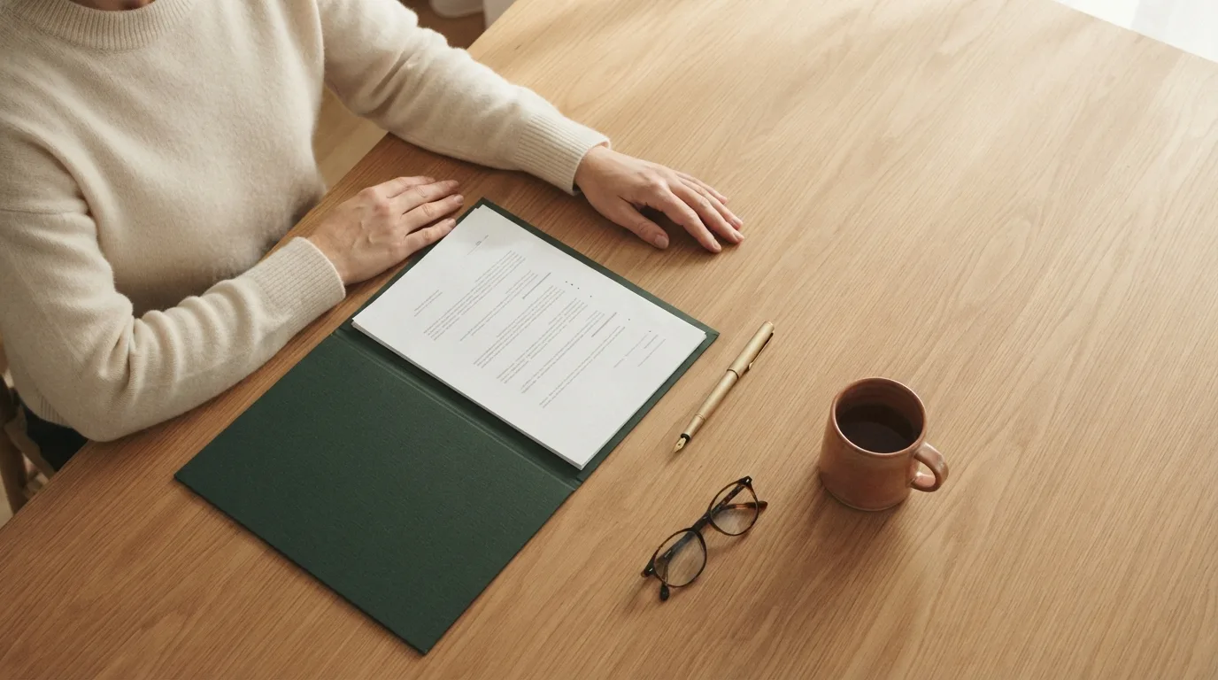 Contrato de várias páginas e uma caneta sobre a mesa de uma sala de reunião, com duas cadeiras vazias ao fundo