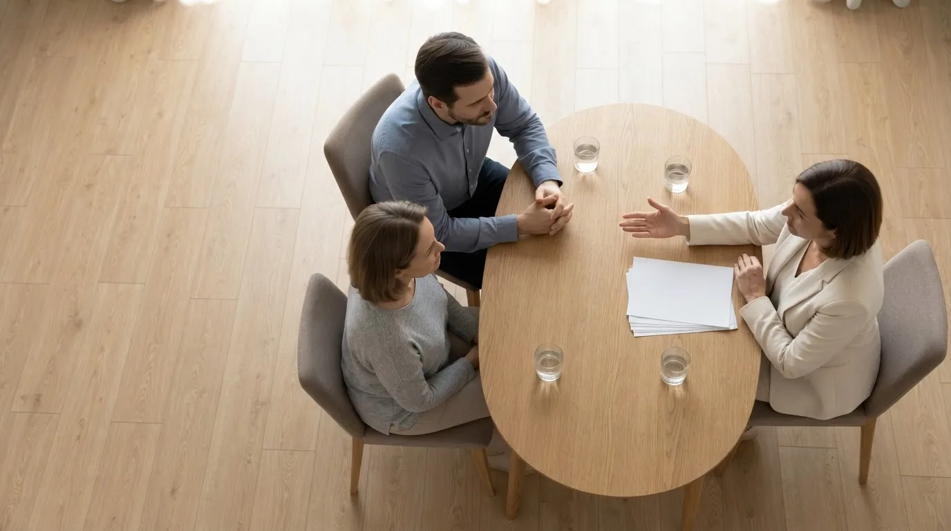 Mesa de reunião com uma escritura de trust aberta e três pessoas conversando ao fundo