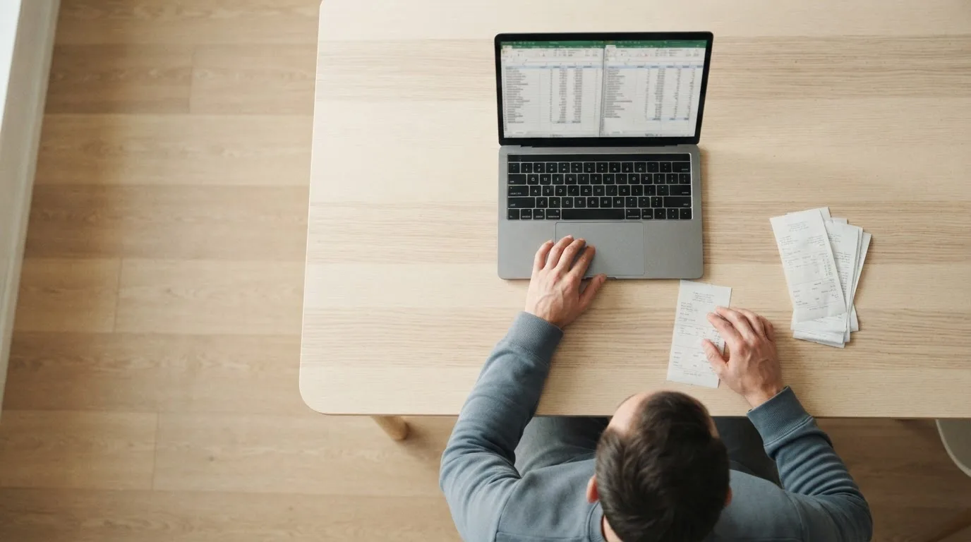 Calculadora, extratos bancários e um calendário sobre uma mesa de trabalho, com luz natural da janela