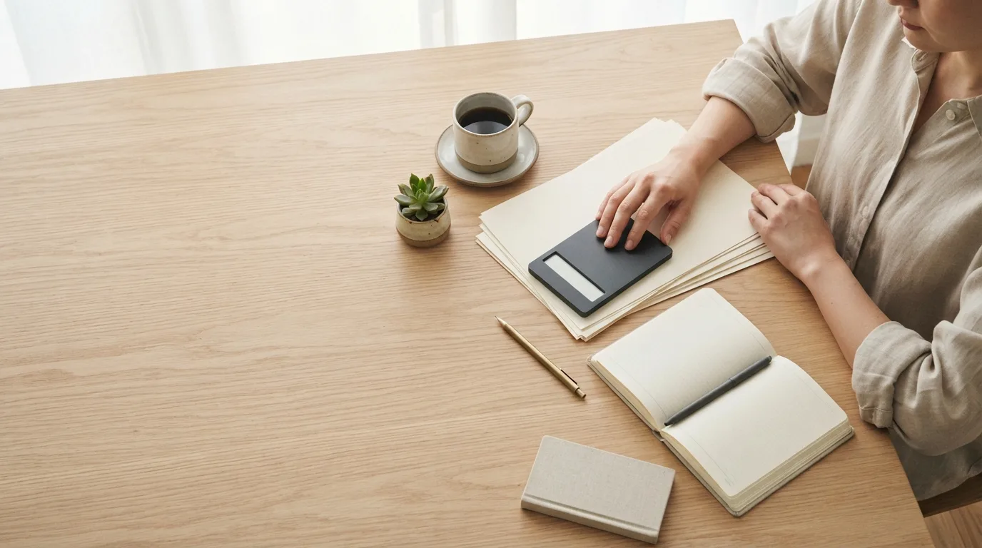 Calculadora, recibos e um caderno de anotações sobre uma mesa, ao lado de um notebook com planilha
