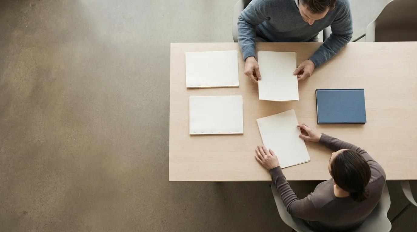Calculadora, caderno e documentos organizados sobre uma mesa de trabalho em luz natural