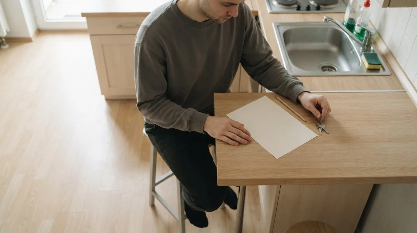 Calculadora, caderno de anotações e uma pilha de contas sobre uma mesa de madeira perto de uma janela