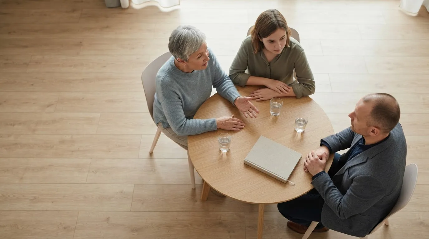 Duas pessoas conversando sobre documentos em uma mesa de madeira, com uma pasta aberta entre elas