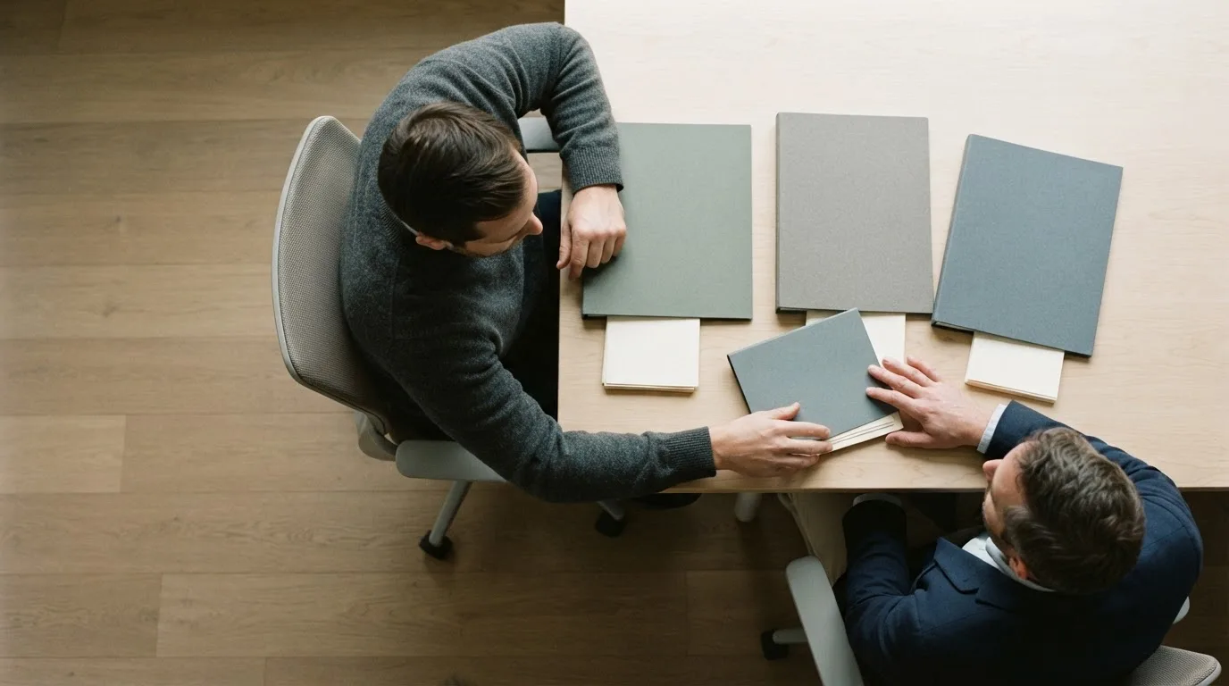 Mesa de trabalho com três pastas de documentos societários lado a lado e um notebook aberto