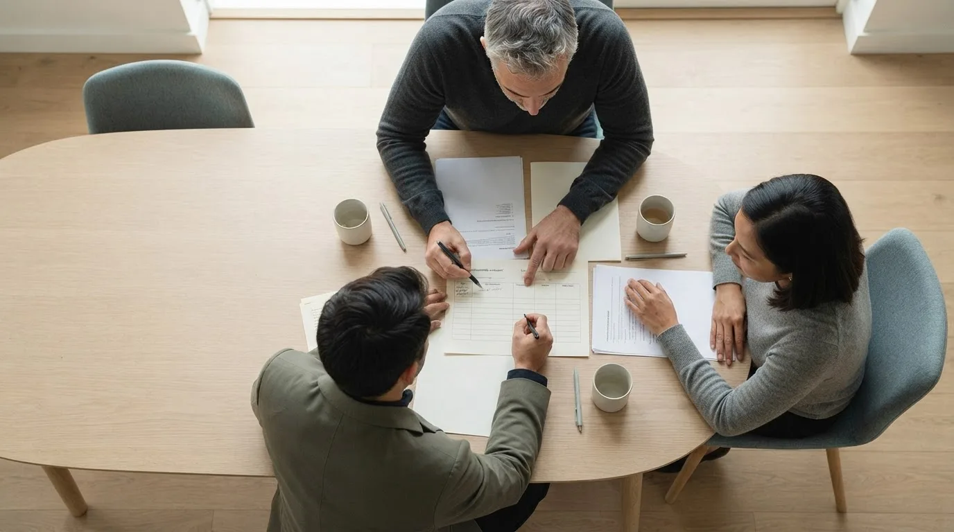 Duas pessoas revisando uma tabela impressa sobre uma mesa de reunião, com canetas de cores diferentes