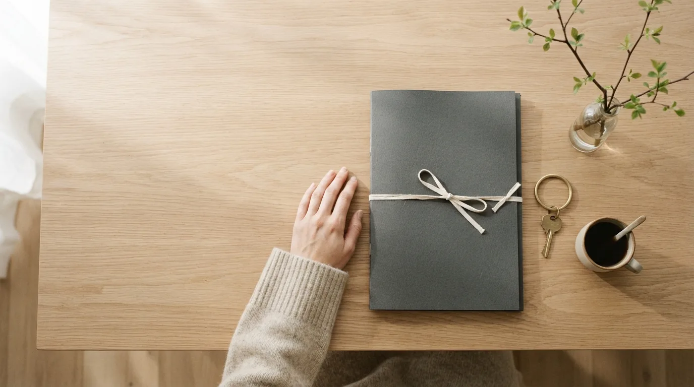 Mãos assinando um documento de transferência de imóvel sobre uma mesa, ao lado de uma caneta e de uma chave