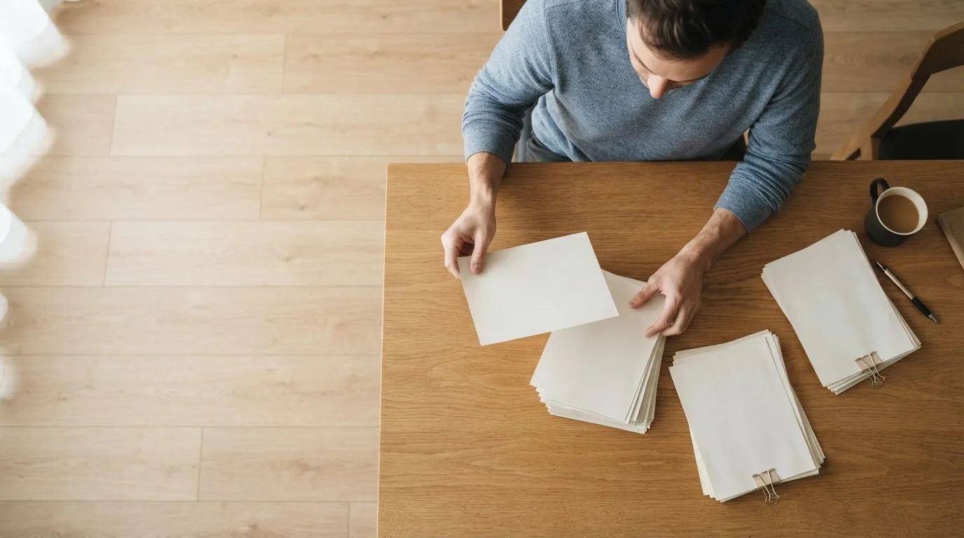 Mesa com um notebook mostrando uma conta no exterior, um passaporte fechado e um bloco de anotações