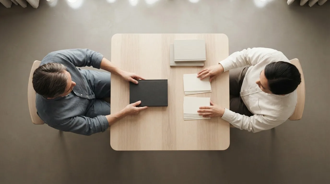 Pessoa sentada em um escritório doméstico, com contrato social impresso e laptop abertos sobre a mesa, e uma janela ao fundo