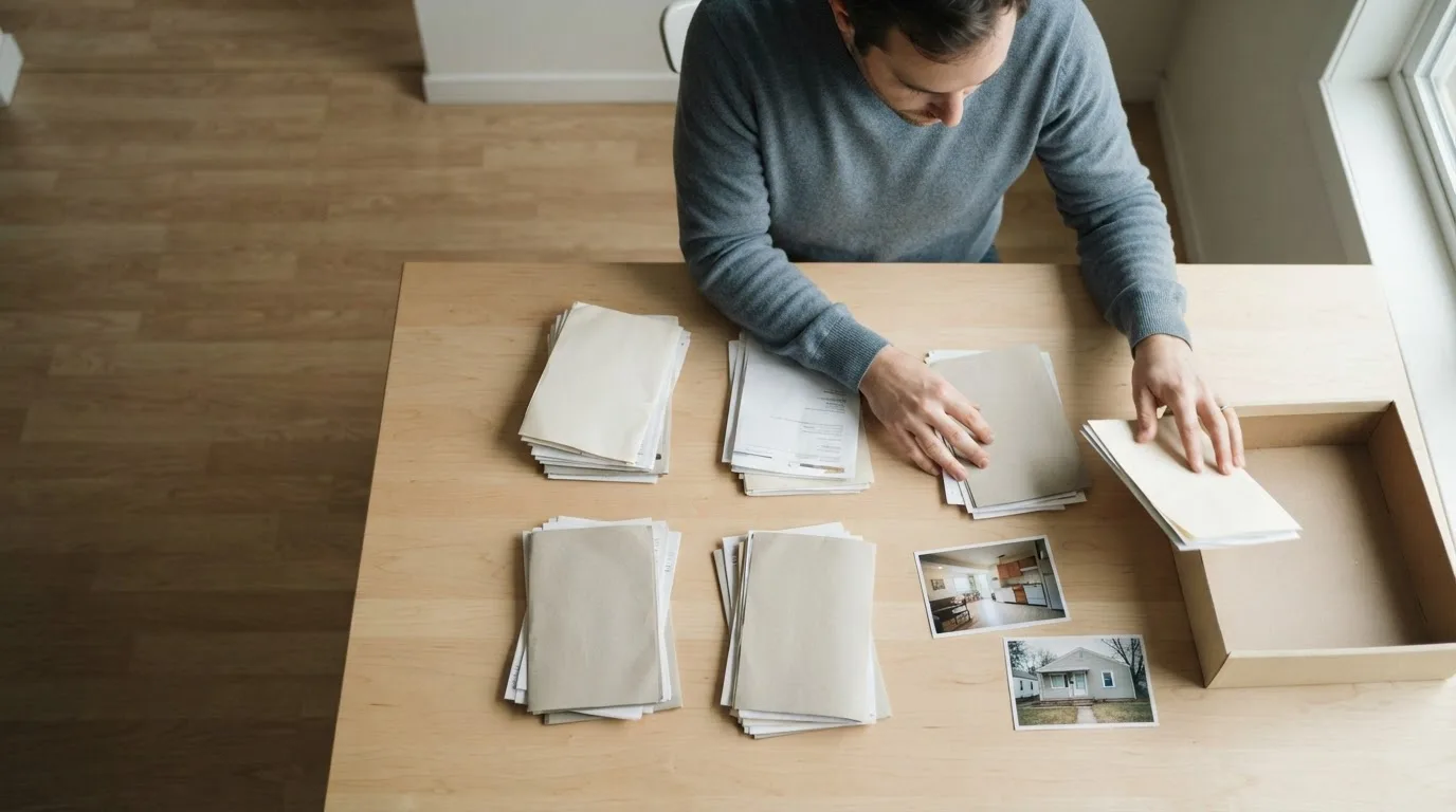 Pessoa organizando extratos e escrituras em pastas sobre uma mesa, com um notebook aberto ao lado