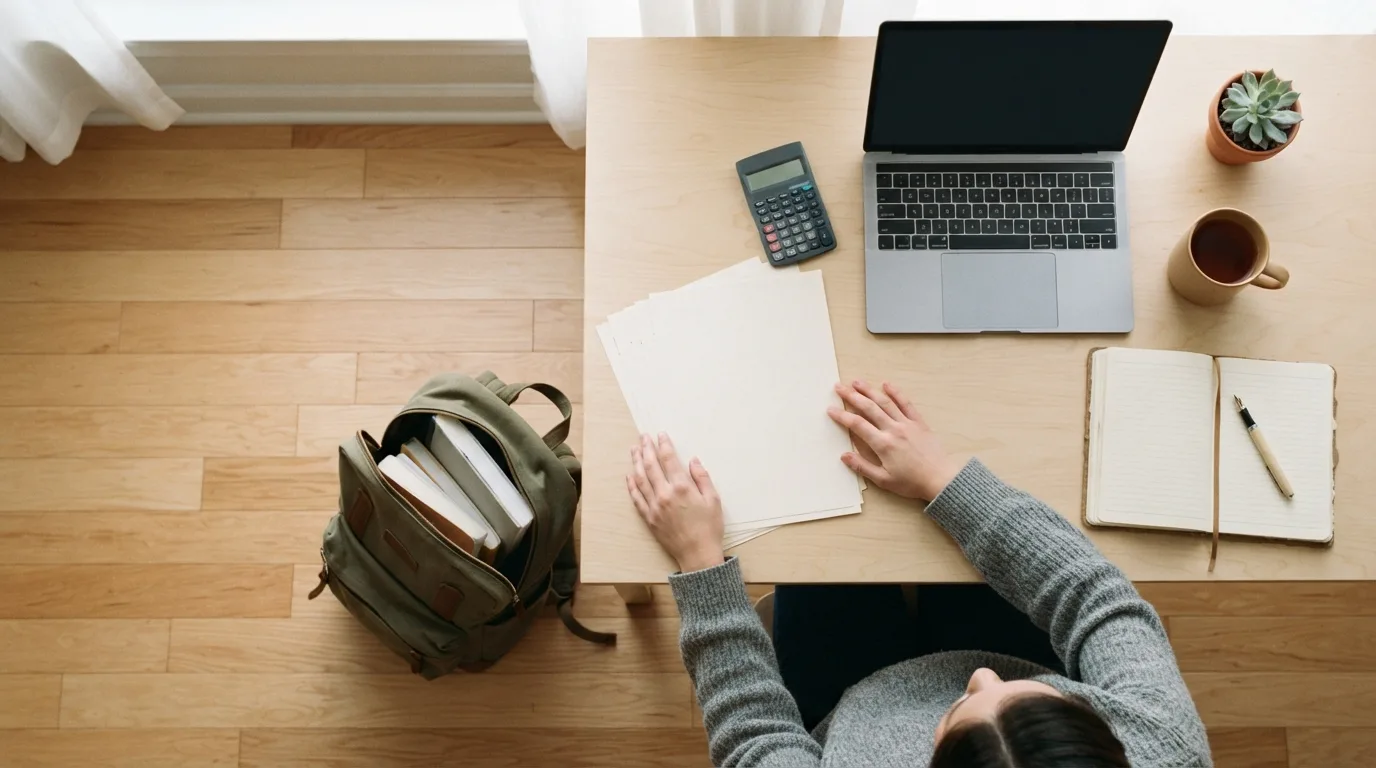 Estudante em uma mesa de biblioteca universitária conferindo um holerite e um formulário ao lado de um notebook