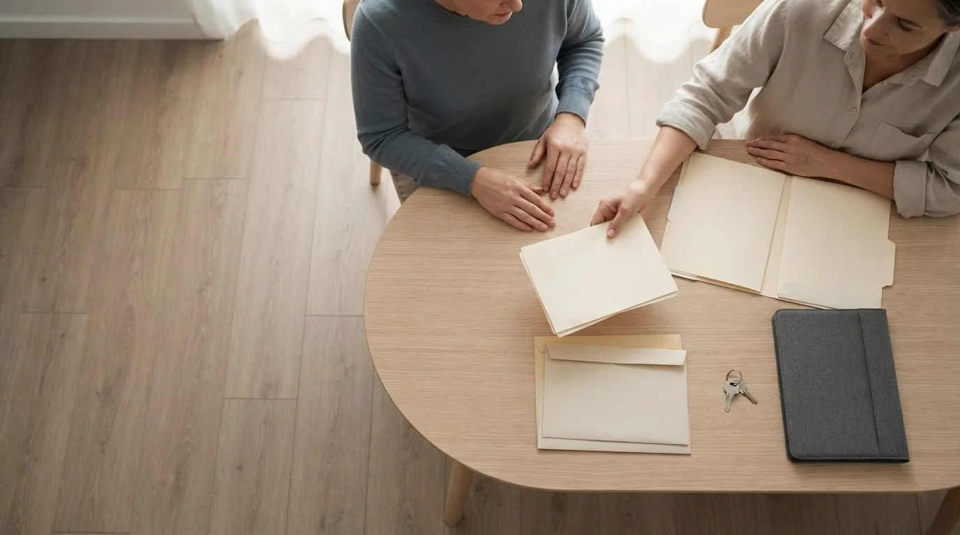 Casal em uma sala com caixas de mudança fechadas, uma pasta de documentos aberta sobre a mesa e uma agenda com datas marcadas