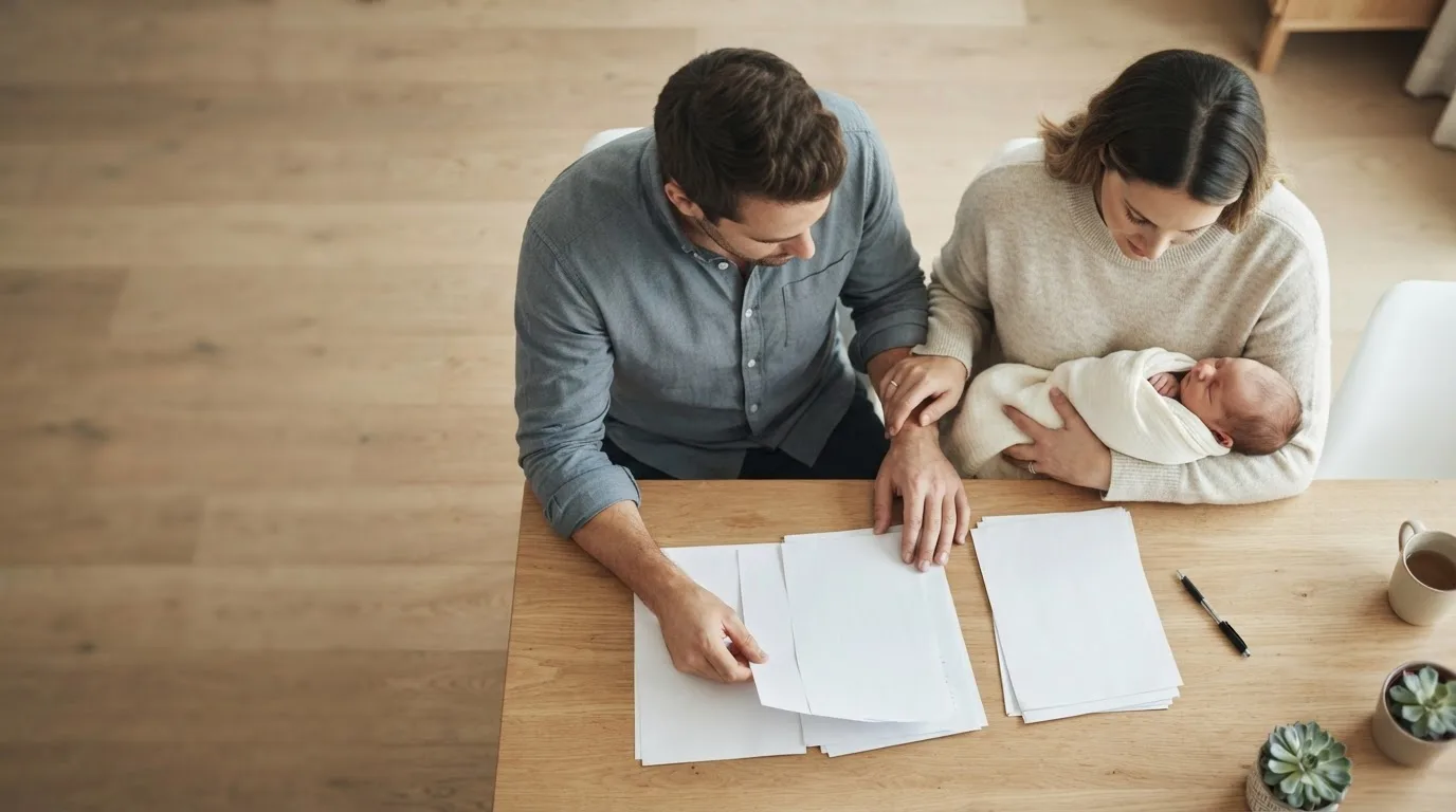 Casal à mesa com uma pasta de documentos e um notebook, conferindo uma lista de contas e apólices