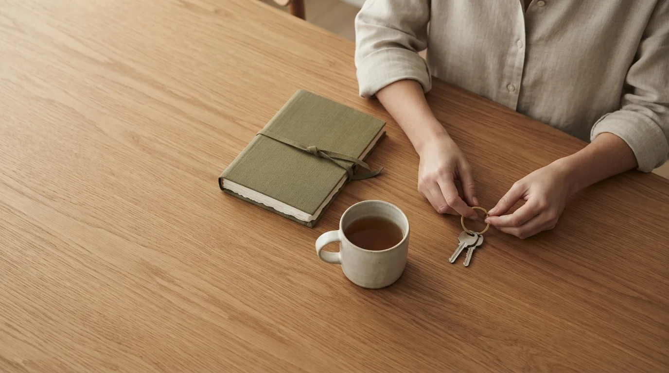 Duas pessoas revisando papéis de uma conta e de uma escritura em volta de uma mesa de jantar