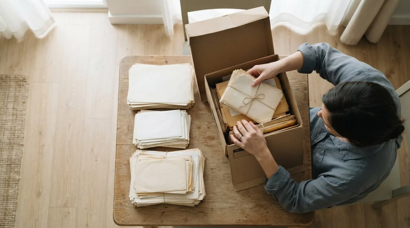 Pessoa revisando uma pasta de documentos em uma mesa, com um calendário e um passaporte ao lado