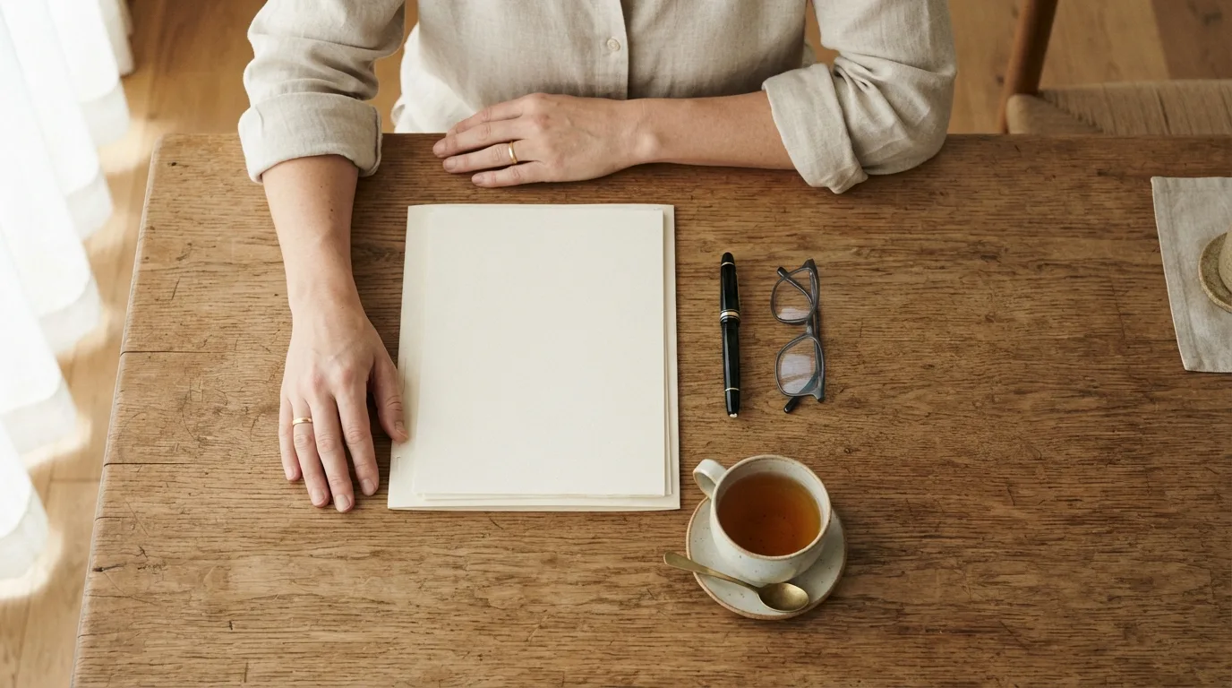 Mãos de duas pessoas folheando uma escritura encadernada sobre uma mesa de escritório, com uma caneta ao lado