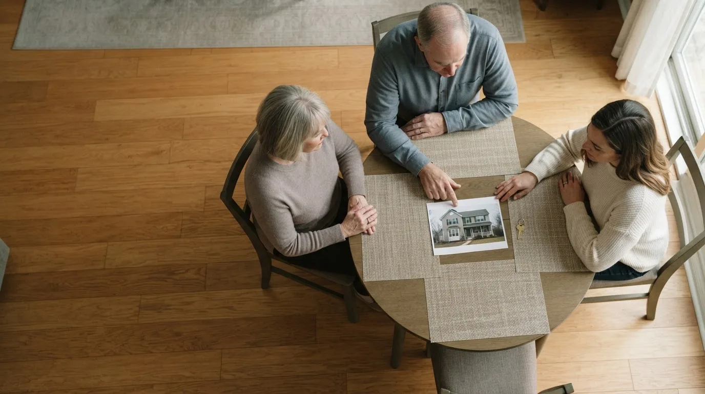 Três pastas de documentos lado a lado sobre uma mesa de madeira, com uma caneta ao centro