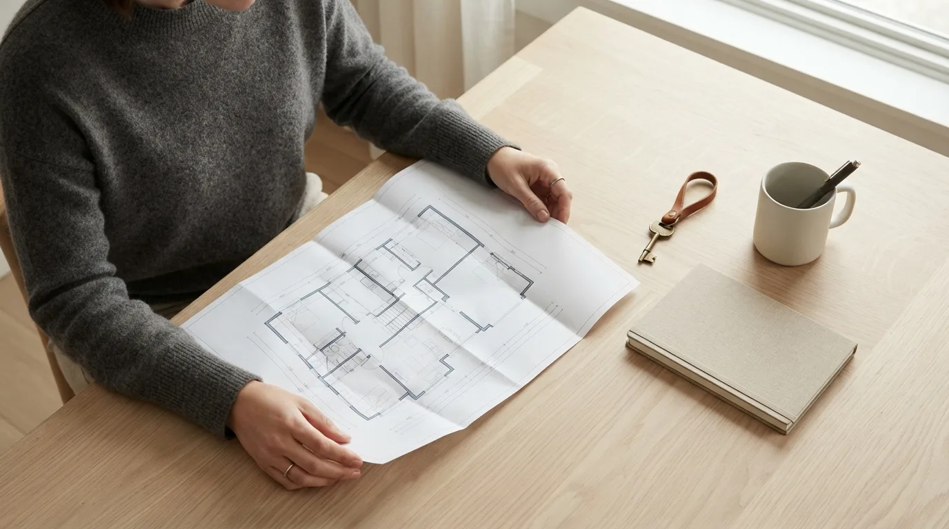 Mão assinando um contrato de venda sobre uma mesa, ao lado de uma maquete de casa e de um calendário
