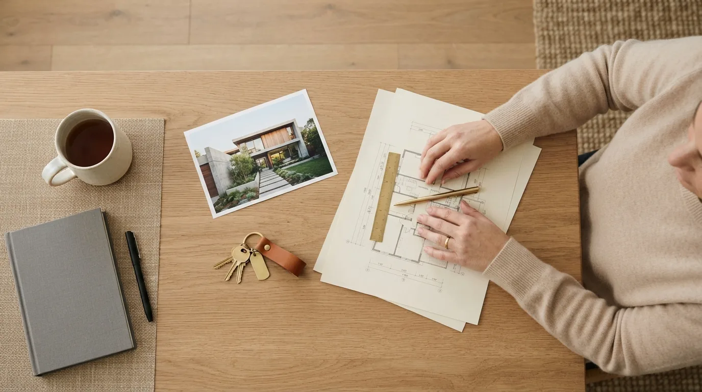 Chaves de uma casa e uma pasta de documentos sobre a mesa de um escritório, com uma planta de imóvel ao fundo