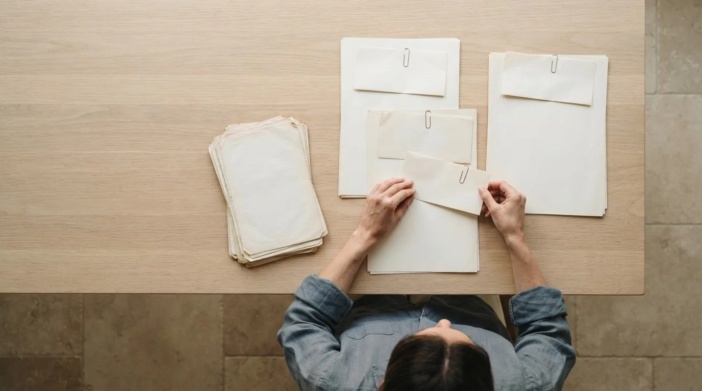 Pasta com extratos de corretora, notas de compra e venda e um caderno de anotações sobre uma mesa de trabalho
